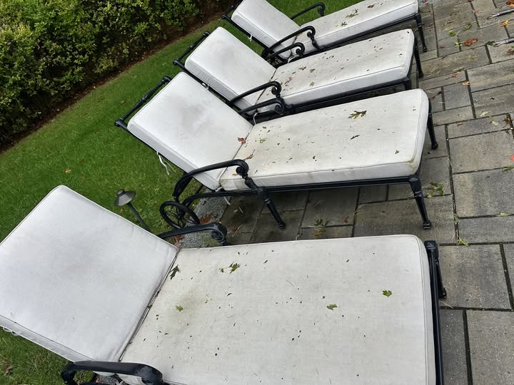 Outdoor chaise lounge cushions covered with leaves, dirt, pollen, and organic debris before professional outdoor cushion cleaning.