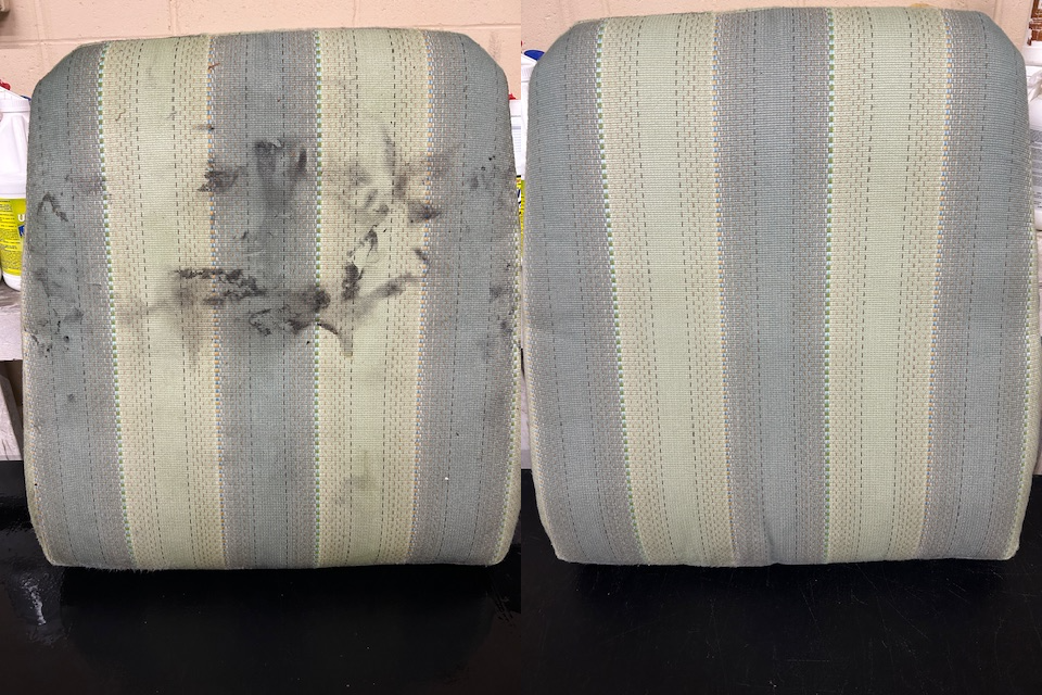 Before and after professional outdoor cushion cleaning showing dramatic soil and stain removal from striped patio chair cushions.