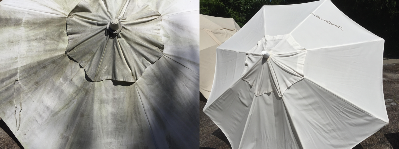 Before and after professional cleaning of a white outdoor patio umbrella showing the removal of dirt, mold, mildew, and environmental staining.